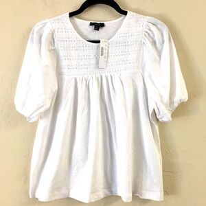 J Crew Short Puff Sleeve T-shirt Small White 100% Cotton Embroidered Relaxed Fit